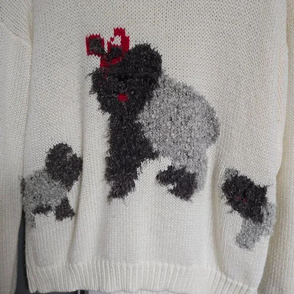 Vintage 90s Dog Sweater Fuzzy Knit Crewneck Medium White Red Poodle Holiday - Picture 2 of 8